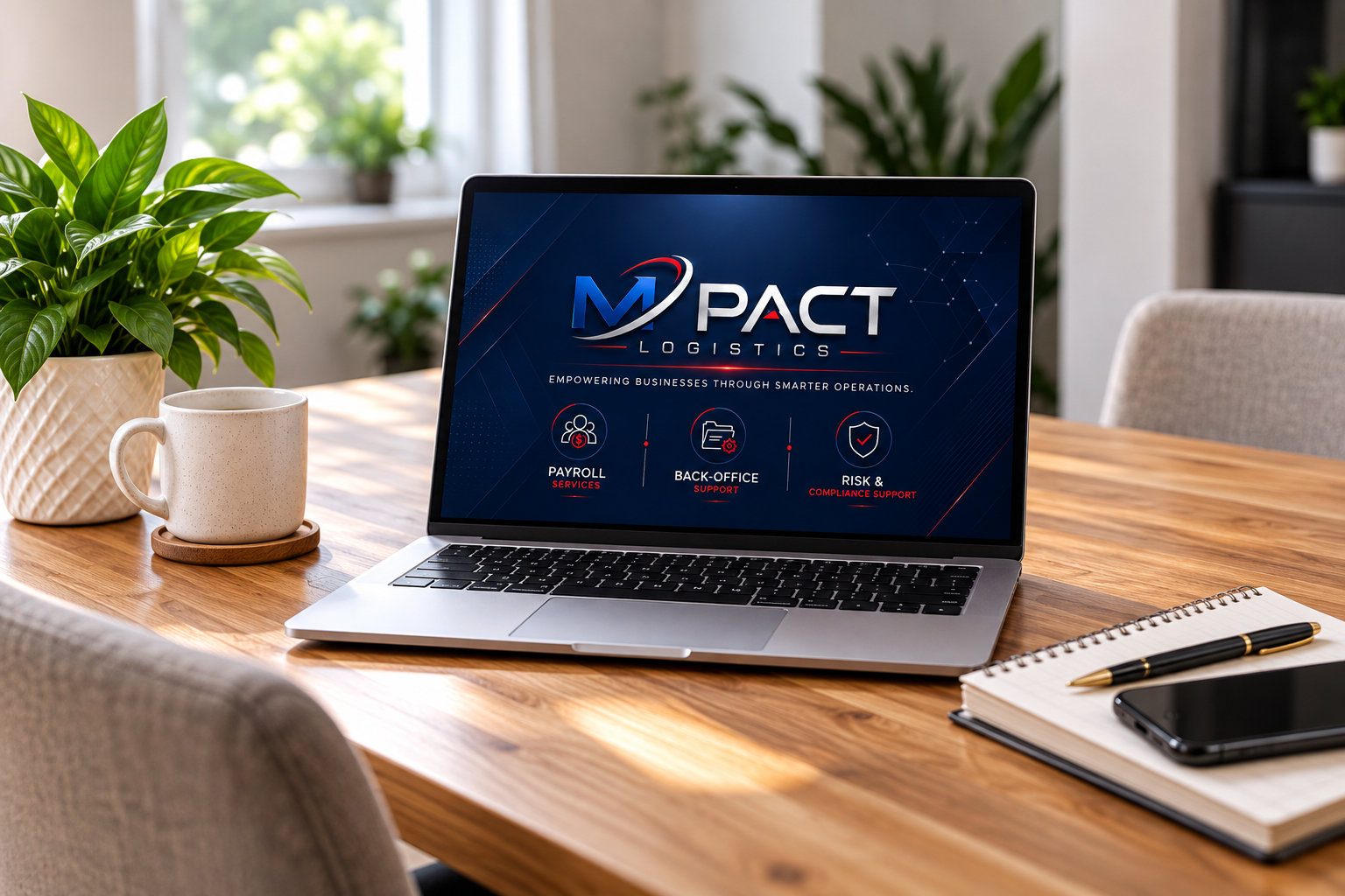 MPact Logistics laptop displaying payroll, back-office and risk compliance support services