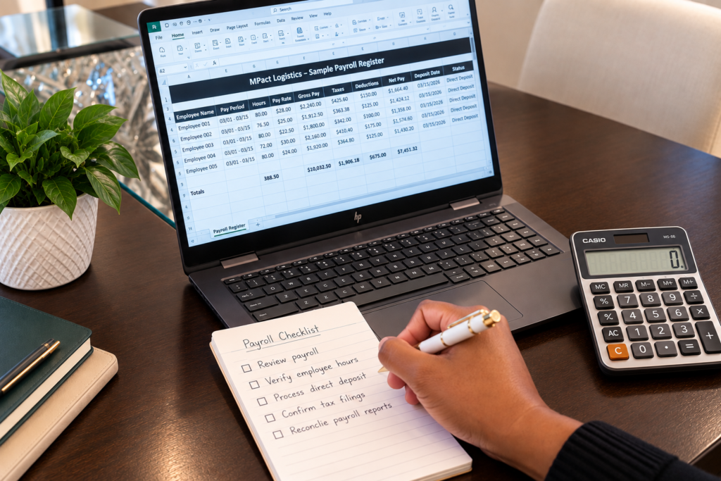 Payroll records, calculator and checklist used to manage payroll support for a business