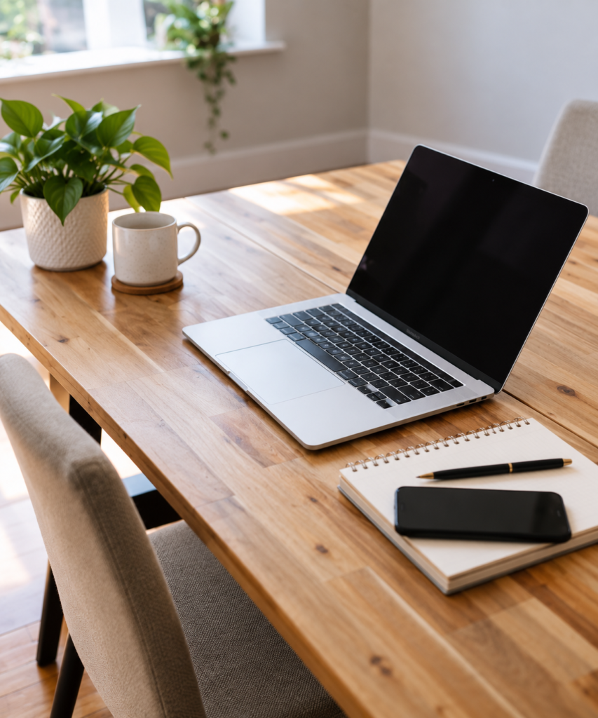 Small business workspace with laptop, notebook and phone for managing daily business operations